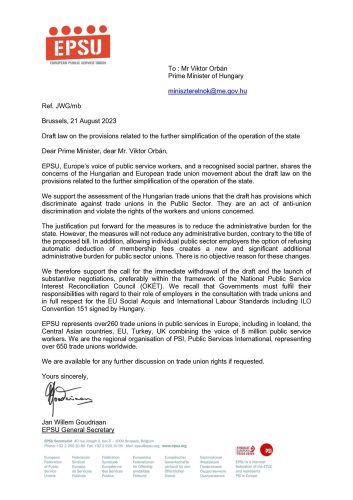 EPSU GS letter to Prime Minister of Hungary Viktor Orban