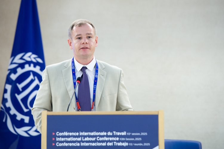 Mr Véber, Workers' delegate, Hungary addresses the Plenary session, 113th International Labour Conference, Palais des Nations, Geneva, Switzerland. 5 June 2025. Photo Violaine Martin / ILO