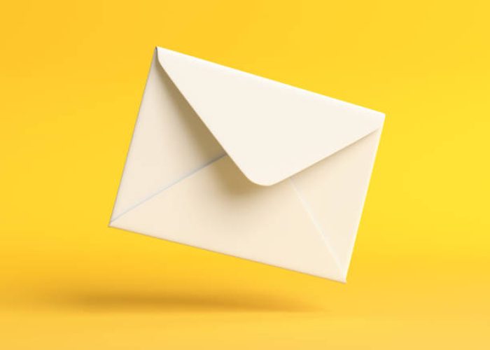 Envelope falling on the ground on a yellow backgorund. Email notification. Minimal design. 3D rendering illustration